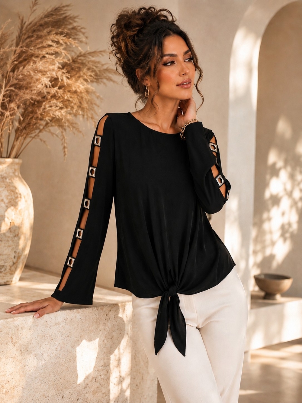 Frank Lyman Black Cutout Sleeve Grommet Tie Front Top Size 10